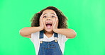Shocked, surprise and child hands on face screaming and excited, happy and winning isolated in a studio green screen background. Portrait, young and kid with surprised facial expression due to news