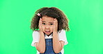 Fear, worried and mistake with a girl on a green screen background in studio feeling nervous or anxious. Portrait, scared and panic with an adorable little female child looking afraid on chromakey