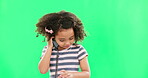 Telephone, young and phone call with girl in green screen studio for telecommunication, vintage and conversation. Retro, discussion and connection with child on background for wired and cheerful