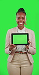 Tablet, green screen and woman with tracking markers isolated on studio background for business website  marketing. Happy professional african person show digital technology for ux ui mockup space