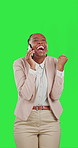 Black woman with phone call, winner and celebration, communication on green screen, job promotion and excited. Cheers, achievement and win with fist pump, happy business female on studio background