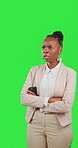 Phone, anger and a frustrated black woman on a green screen background in studio feeling upset. Mobile, bad news and upset with an angry young female frustrated by a text message on chromakey mockup