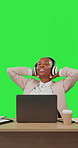 Black woman, laptop and music headphones on green screen to relax with smile. Business female entrepreneur with internet for education and finish work with Internet, happiness and hands behind head