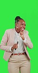 Black woman with smartphone, winner and yes with happy dance on green screen with job promotion. Cheers, achievement and professional win with fist pump, female dancing and yes on studio background