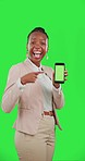 Phone green screen and woman pointing isolated on studio background, tracking marker and thumbs up for business website. African person show like hands and smartphone, mobile app and chromakey mockup