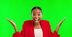 Happy, shock and surprise with black woman in studio for wow, announcement or excited. Positive, mind blown and crazy with portrait of female on green screen background for amazing or unexpected news