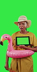 Green screen, tablet and disappointed black woman with swim ring isolated in studio chroma key background. Portrait, sad and female shocked, surprised and unhappy with mockup on device screen