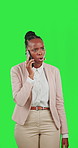 Business woman, angry and phone call on green screen background while upset, frustrated and yelling. Serious african female talking on smartphone about problem, debt stress and crisis or fight