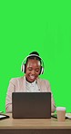 Laptop, music dance and happy black woman listening to dancing track, audio podcast or radio sound. Green screen tracking markers, energy girl and fun person streaming song on studio background