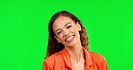 Beauty, smile and face of woman on green screen with happy attitude, positive mindset and confidence. Fashion mockup, laugh and portrait of girl on chromakey with cosmetics, natural makeup and glow