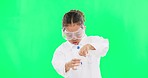 Science, experiment and child with liquid in test tube on green background for learning, lesson and lab exam. Education, scientist and girl in ppe for scientific test, chemistry or research in studio