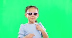 Face, sunglasses and girl dancing, funny and green screen with happiness, goofy and cheerful. Portrait, young person and female child with funky eyewear, movement and dance with joyful and energy