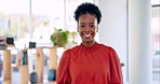 Black woman, face and leader with smile at startup for goals, mission or entrepreneurship in modern office. Young african entrepreneur, happy and portrait for leadership, mindset or motivation at job