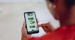 Hands, phone and food shopping for woman on internet with digital restaurant menu, website and ux. Girl, smartphone and reading on web with blurred background for online delivery app with ecommerce