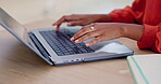Laptop, hands typing and business woman review article for social media app, website database or online story summary. Brand copywriting, blog editor feedback and journalist editing fake news post