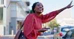Black woman, phone and taxi in the city for travel, lift or waiting and waving for transportation. African American female on sidewalk, street or road for transport or ride service in urban town