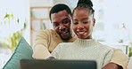 Black couple, laptop and online banking of young people planning savings, property and investment. Happiness, smile and digital investing plan of a woman and man together on a living room sofa