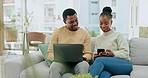 Black couple, laptop and online finance check of young people planning savings and investment on phone. Happiness, smile and digital investing plan of a woman and man together on a living room sofa