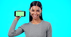 Woman, happy and phone green screen mockup with a smile for advertising website space. Face portrait of indian female model show smartphone for branding app, logo promotion or ux while excited