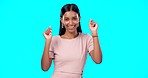 Studio music, happy dance and woman listening to dancing song, wellness audio podcast or radio sound. Portrait, energy girl or fun person, Indian dancer and model streaming track on blue background