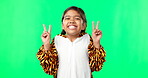 Happy, smile and peace sign with girl in studio for kindness, positive and pride. Happiness, support and gesture with young child isolated on green background for cheerful, carefree and confidence