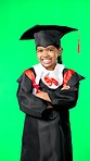 Graduation, education and child smile on green screen for graduate, academy ceremony and award. Primary school, student and portrait of young girl for kindergarten, achievement and success in studio