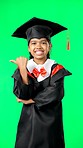 Graduation, education and child point on green screen for graduate, back to school deal and announcement. Mockup, student and portrait of young girl with knowledge, achievement and smile in studio