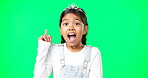 Green screen, idea and portrait of surprised child feeling excited, happy and isolated in a studio background. Smart, clever and young girl or kid pointing up at brand, product placement or mockup