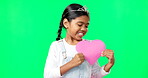 Portrait, heart and emoji with a girl on a green screen background for the celebration of valentines day. Kids, happy and love with a cute little female child holding a cardboard shape on chromakey
