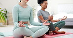 Friends, lotus and yoga meditation of women in home for mindfulness, wellness and peace. Zen chakra, pilates yogi and girls meditating, training and workout for fitness, health and holistic exercise.
