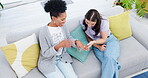 Friends, women and wedding ring on sofa in living room of home, laughing or talking. Top view, engagement and funny smile of happy girls showing off commitment jewelry for love marriage on couch.
