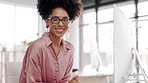 Happy, face and business woman on computer in office, smile and confident while working online. Portrait, cheerful and female corporate employee excited for new job, idea or career goal at startup