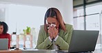 Work, sneeze and asian woman at desk with tissue paper blowing nose, tired and overworked from flu or cold. Sick, exhausted and office employee with allergy or health risk, illness and sinus problem.