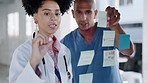 Doctor, team and writing for schedule planning, healthcare or tasks together on glass board at the hospital. Woman and man in medical teamwork for project plan, sticky note or brainstorming strategy