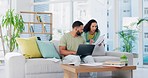Laptop, fintech and debt, black couple in living room with home finance, mortgage payment documents or budget plan. Anxiety, man and woman in apartment checking bills, loan invoice and banking online