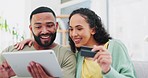 Laughing, bills and a couple with a tablet and credit card for banking, ecommerce and online shopping. Happy, buying and a man and woman speaking about an order on an app or purchase on technology