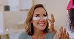 Woman, friends and eye patches for skincare beauty or cosmetics in morning sleep over together at home. Happy women with smile applying cosmetic product, face mask or patch for healthy wellness