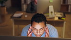 Office, night or man with headache, stress or tired in workplace, overworked and burnout. Stressed employee, consultant or person in workplace or overtime in business with migraine pain or frustrated