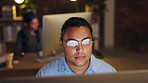 Face, computer and night with a man at work in an office for late overtime on a project deadline. Glasses, dedication or research with an employee working on an international report in the evening