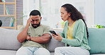 Cheating, argue and couple on couch, smartphone and shouting in living room, stress and anger. Divorce, man or woman on sofa, disagreement and angry with cellphone with text messages and affair proof