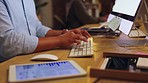 Hands, office or man typing on computer in office working on email or content research project online. 
Business, technology or closeup of worker writing reports, planning or internet late at night 