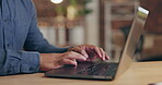 Closeup, hands and laptop for typing, update software and connection for email, planning and data analysis. Male employee, editor and writer with device, review and feedback with network and deadline