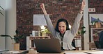 Call center success, excited or woman winning a telemarketing or telecom bonus deal in company. Wow, laptop or happy crm consultant with a big smile for sales target, victory or goals achievement