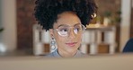 Business woman, glasses and reflection on computer for online search, planning and strategy at night. Face of happy female worker on desktop technology, internet and working late on website in office