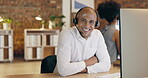 Call center, smile and face of man at computer for support, customer service and business consulting. Portrait of happy telemarketing agent, male consultant and advisor for telecom questions at night