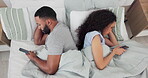 Phone, addiction and overhead with a couple in bed, ignoring one another distracted by social media. Internet, bedroom or cheating with a man and woman lying at home after a fight or problem