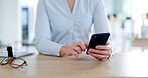Phone, hands or business woman on social media typing, networking or texting message at office desk. Mobile app technology, digital communication or zoom of female employee checking emails online 