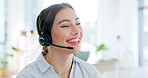 Contact us, call center consulting or happy woman speaking or talking in communications company office. Crm, friendly smile or telemarketing sales agent explaining online in telecom customer services