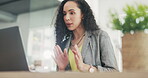 Business woman laptop and video call, webinar or virtual meeting discussion, speaking or online talking in office. Remote worker or biracial person on computer for webinar planning or client advice 