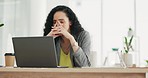 Worry, stress and business woman on laptop with 404 glitch, burnout and problem at office desk. Mental health, corporate and female worker working on computer with frustrated, depression and anxiety